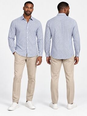 W Collection Men’s Custom Fit 100% Cotton Blue Check Dress Shirt Size 41